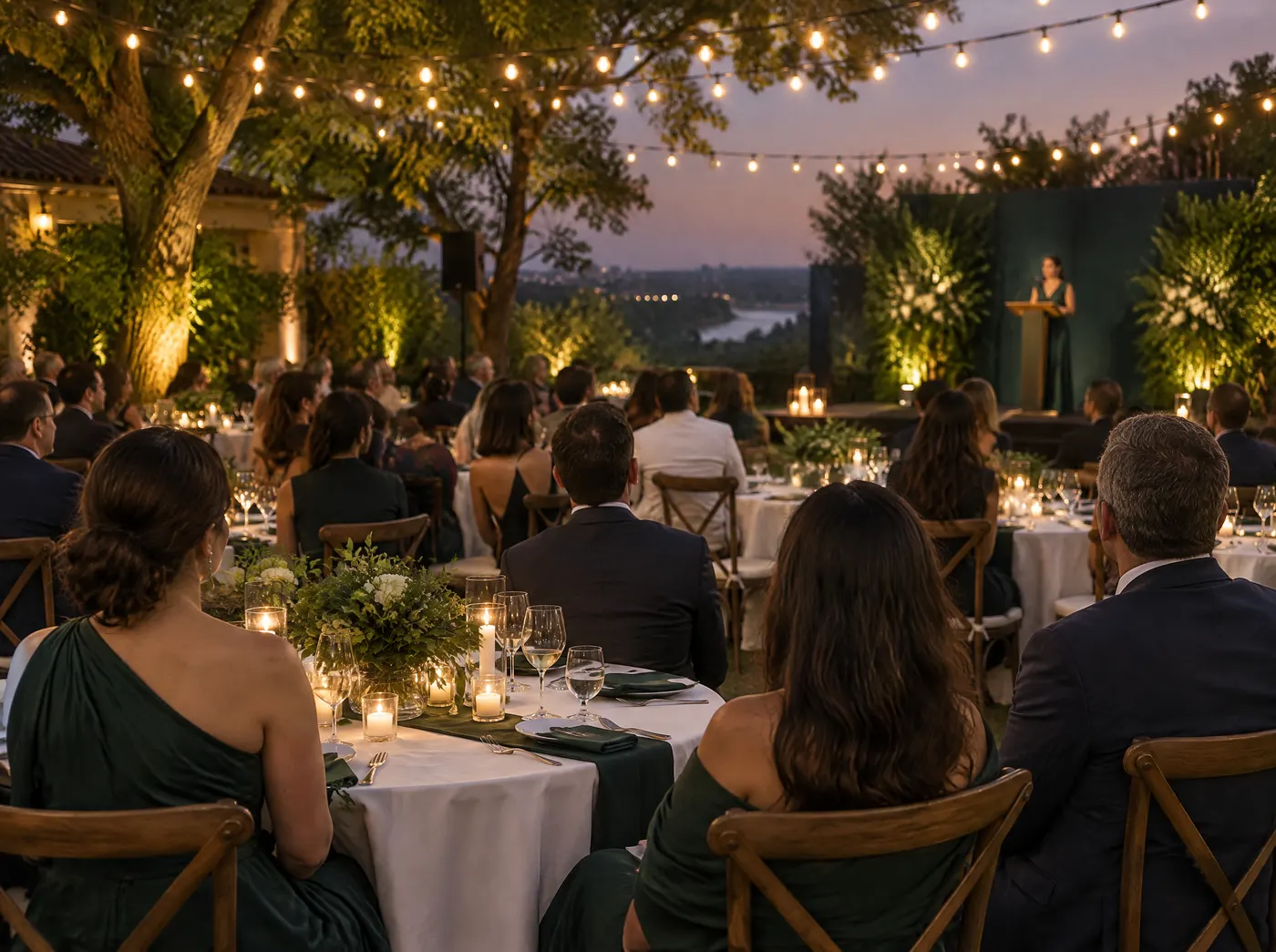 Una cena de gala a beneficio, con mesas iluminadas y una oradora en el escenario.