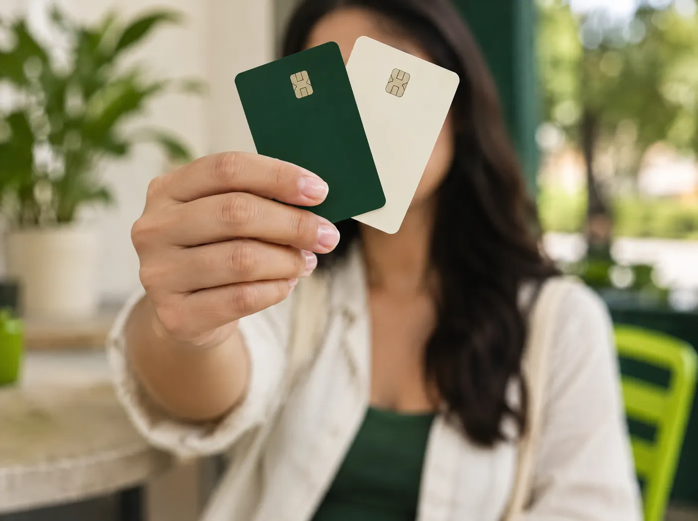 Una persona muestra dos tarjetas bancarias hacia la cámara.