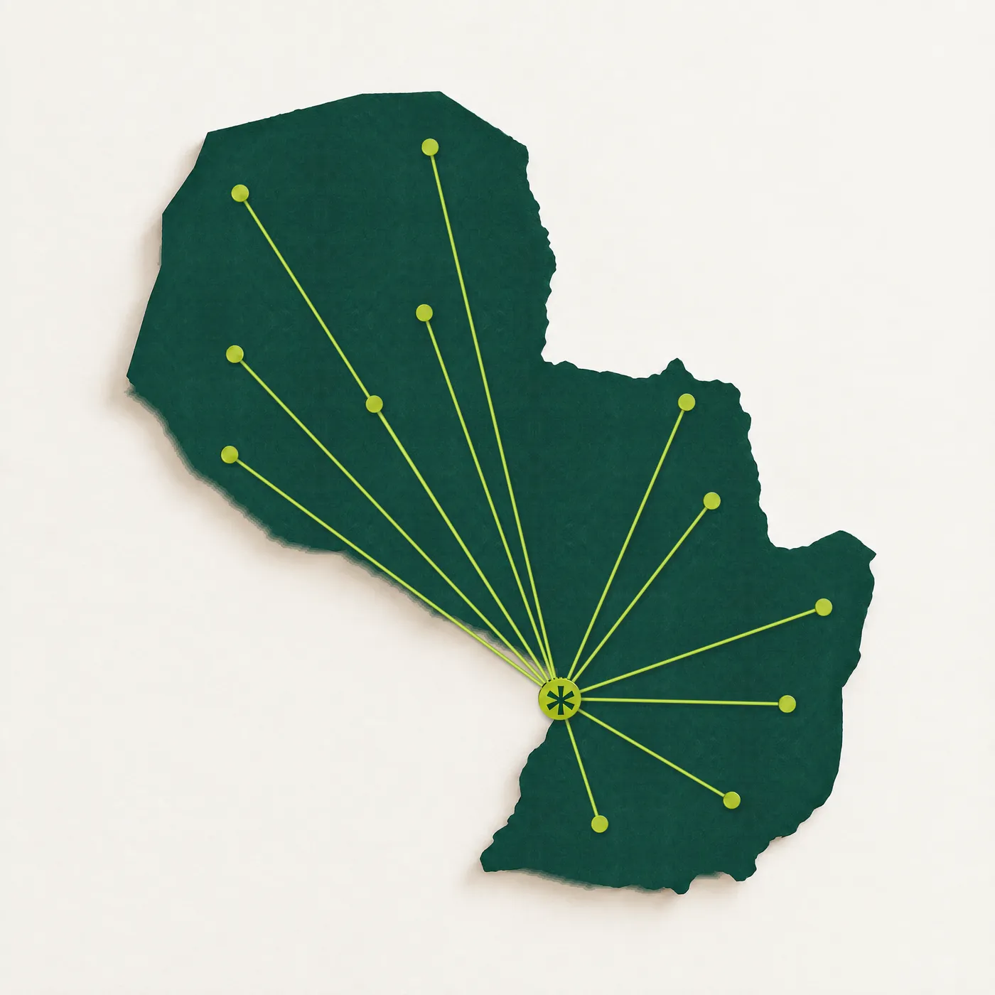 Mapa de Paraguay en papel verde con la marca de DonaPar en Asunción, unida por hilos a organizaciones de todo el país.